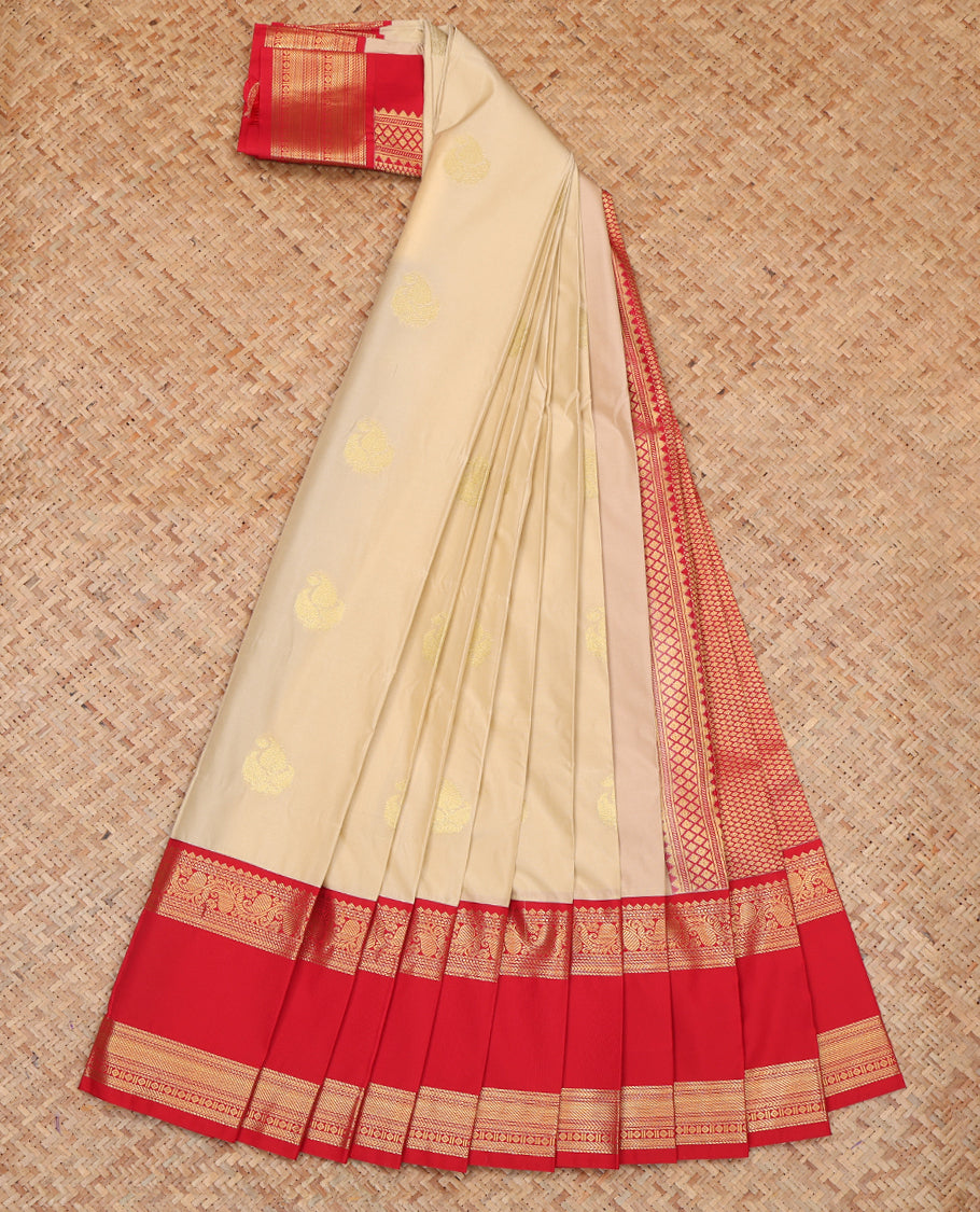 Light Sandal Budget Silk Saree, Crafted with Zari Buttas, a Contrast Traditional Zari Rettai Pettu Border, Grand Pallu, and a Contrast Blouse