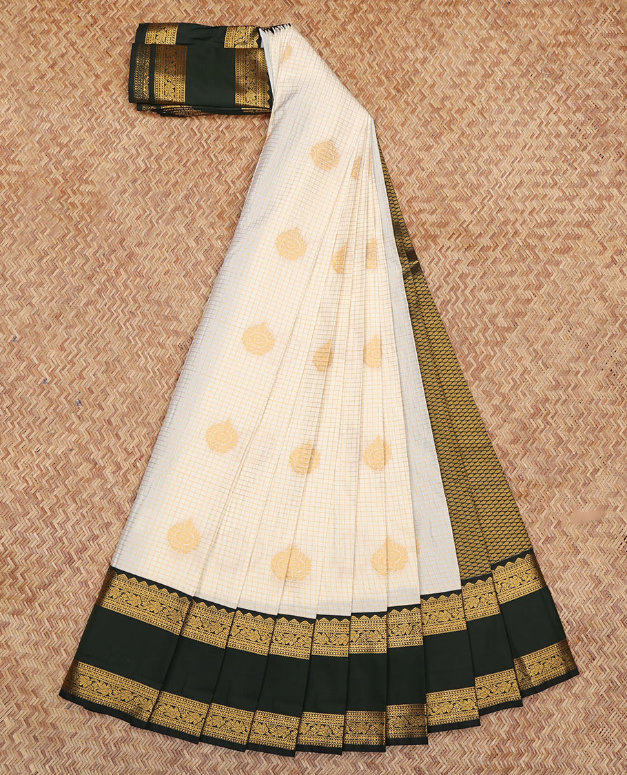 Cream Budget Silk Saree, Enthralled with Zari Buttas and Checks, a Contrast Traditional Zari Rettai Pettu Border, Grand Pallu, and a Contrast Blouse