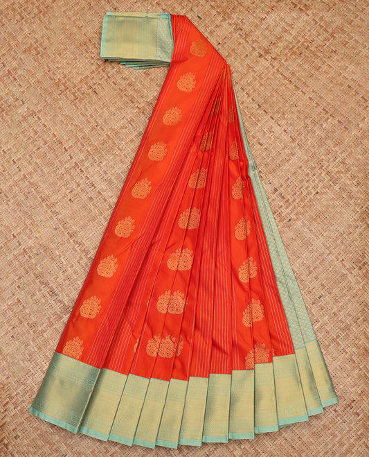 Orange Budget Silk Saree, Gleamed Up with Buttas and Stripes, a Contrast Traditional Zari Border, Grand Pallu, and a Contrast Blouse