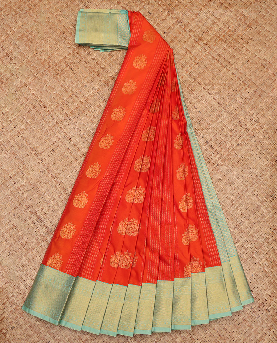 Orange Budget Silk Saree, Gleamed Up with Buttas and Stripes, a Contrast Traditional Zari Border, Grand Pallu, and a Contrast Blouse