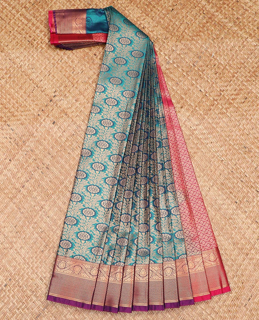 Blue jacquard gift saree, contrast traditional zari border, and pallu of jaal designs