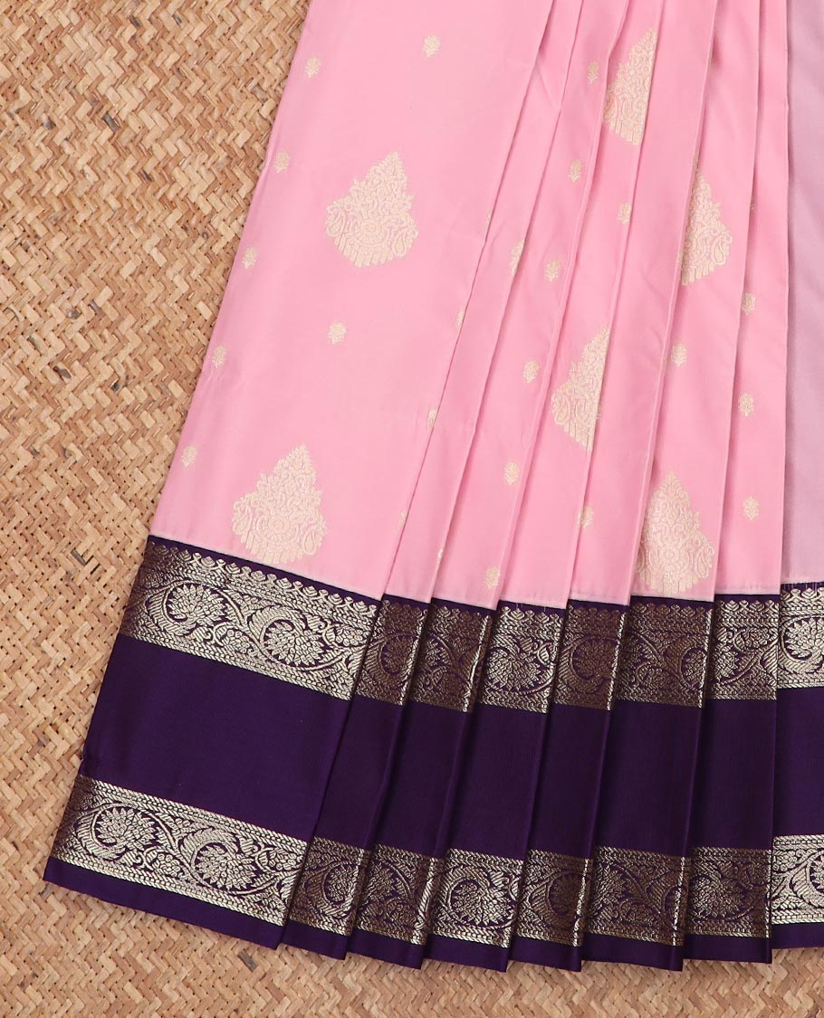 Pink zari buttas gift saree, contrast traditional zari rettai pettu border, and pallu of jaal and paisleys