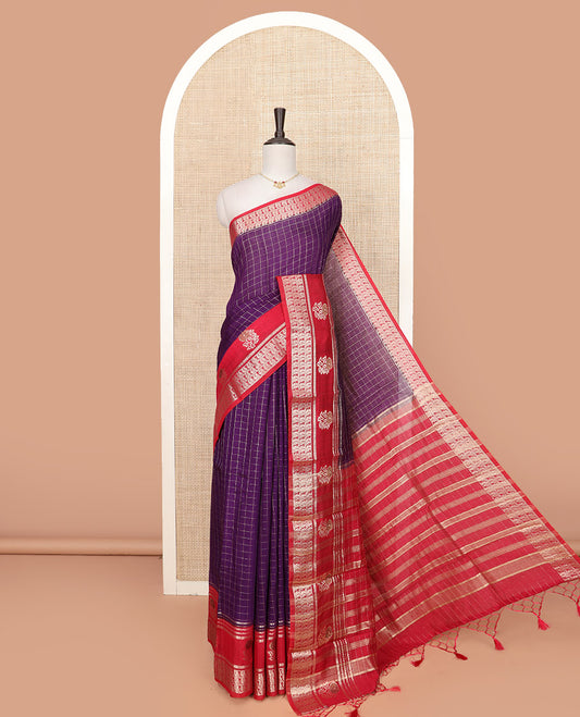 Purple Assam Silk Saree Enriched with Zari Checks, Complemented by Contrast Zari Border of Peacock and Floral Zari Designs, a Delicately Woven Pallu of Zari Stripes, and Paired with a Contrast Blouse