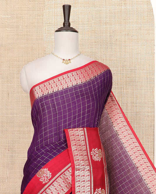 Purple Assam Silk Saree Enriched with Zari Checks, Complemented by Contrast Zari Border of Peacock and Floral Zari Designs, a Delicately Woven Pallu of Zari Stripes, and Paired with a Contrast Blouse