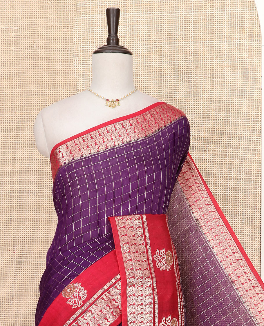 Purple Assam Silk Saree Enriched with Zari Checks, Complemented by Contrast Zari Border of Peacock and Floral Zari Designs, a Delicately Woven Pallu of Zari Stripes, and Paired with a Contrast Blouse