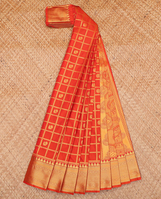 Red Budget Silk Saree, Artfully Detailed with Peacock-Chakram Butta Enclosed Checks All Over Its Body, Highlighted by a Temple Zari Border of Traditional Designs, Pallu Depicts Mughal-Style Intricate Designs, and Paired with a Matching Blouse