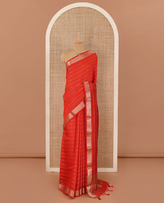 Red horizontal striped Assam cotton saree, traditional zari border, and zari striped pallu