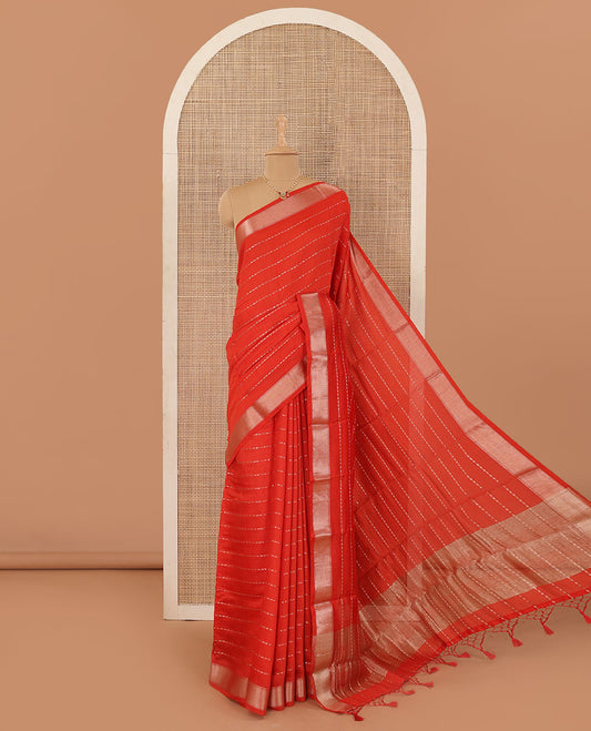 Red horizontal striped Assam cotton saree, traditional zari border, and zari striped pallu