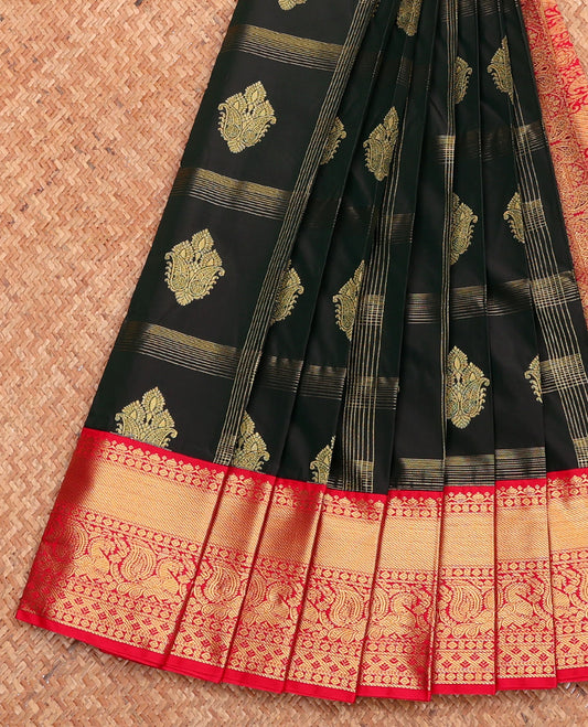 Black Budget Silk Saree, Ornamented with Zari Buttas and Checks, Complemented by a Contrast Traditional Zari Border, Grand Pallu, and Contrast Blouse