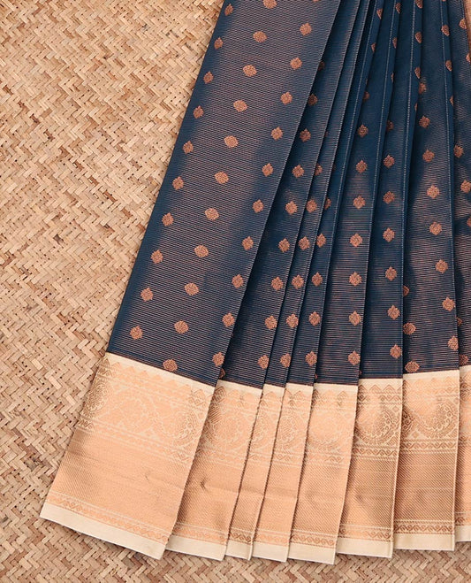 Blue Budget Silk Saree, Enlivened with Zari Buttas and Stripes on Its Body, Complemented by a Contrast Traditional Zari Design Border, a Grand Pallu of Jaal Designs, and Paired with a Contrast Blouse