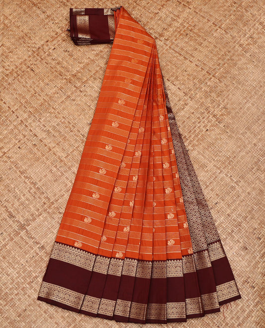 Orange Budget Silk Saree, Bedecked with Peacock Buttas and Zari Stripes All Over Its Body, Complemented by a Contrast Traditional Zari Design Rettai Pettu Border, Pallu of Jaal Design, and Paired with a Contrast Blouse