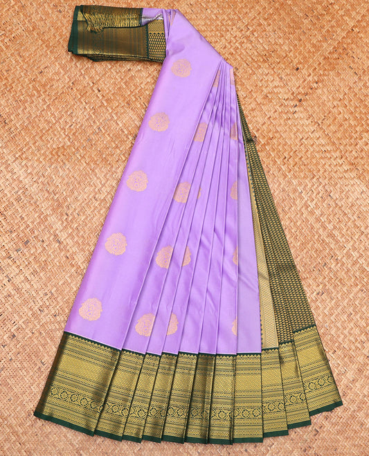 Lavender Budget Silk Saree, Mesmerized with Zari Buttas on Its Body, Complemented by a Contrast Traditional Zari Design Border, Grand Jaal Pallu, and Paired with a Contrast Blouse