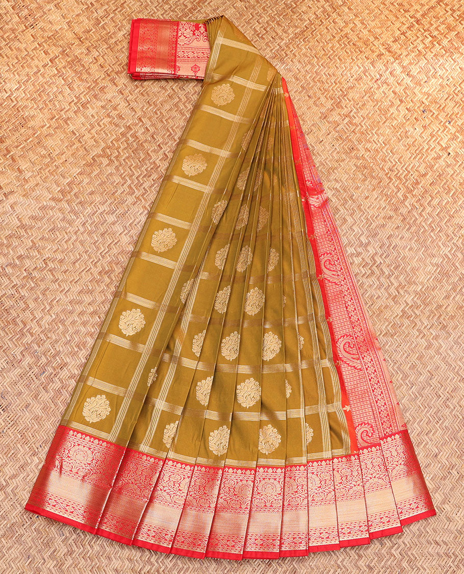 Mustard Budget Silk Saree, Adorned with Zari Butta Enclosed Checks, Contrast Traditional Zari Border, Grand Pallu, and a Contrast Blouse