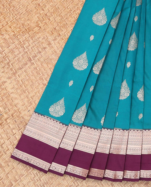Blue Budget Silk Saree, Featuring Zari Buttas, Complemented by Contrast Traditional Rettai Pettu Zari Border, a Grand Pallu and a Contrast Blouse