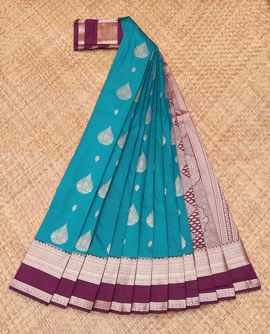 Blue Budget Silk Saree, Featuring Zari Buttas, Complemented by Contrast Traditional Rettai Pettu Zari Border, a Grand Pallu and a Contrast Blouse