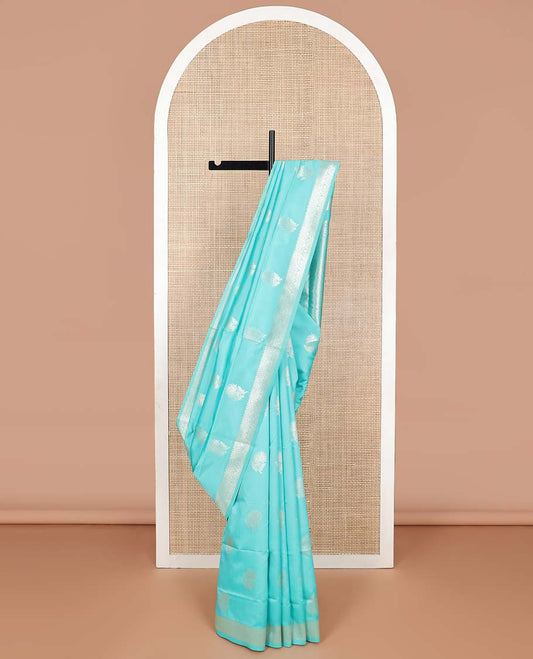 Light blue floral motifs butter silk silk saree with self zari design border & jaal design pallu