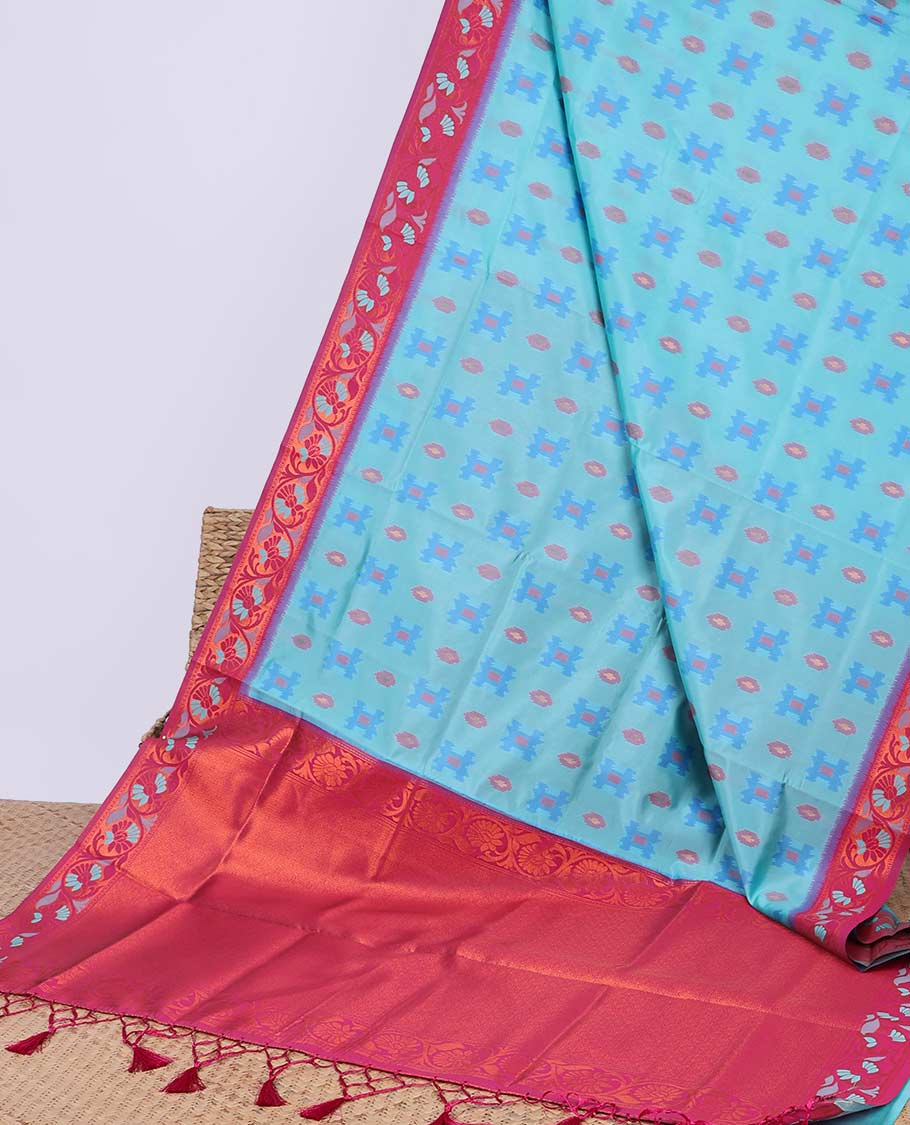 Blue ikkat geometric motifs butter silk saree with contrast floral zari border & intricate floral zari pallu