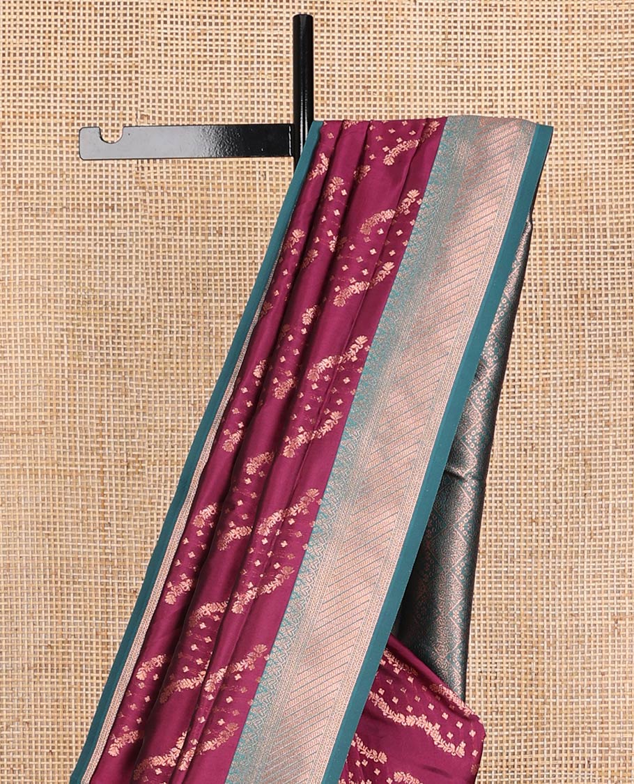 Maroon butter silk saree with floral zari designs, contrast traditional zari design & jaal pallu