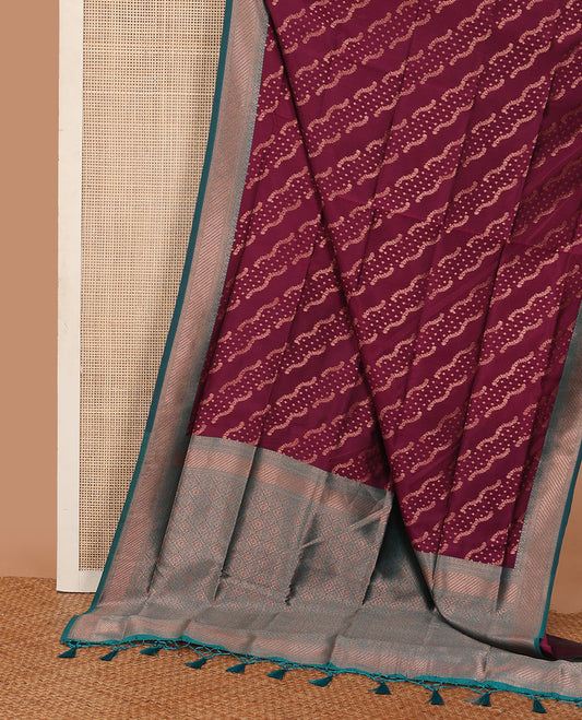 Maroon butter silk saree with floral zari designs, contrast traditional zari design & jaal pallu