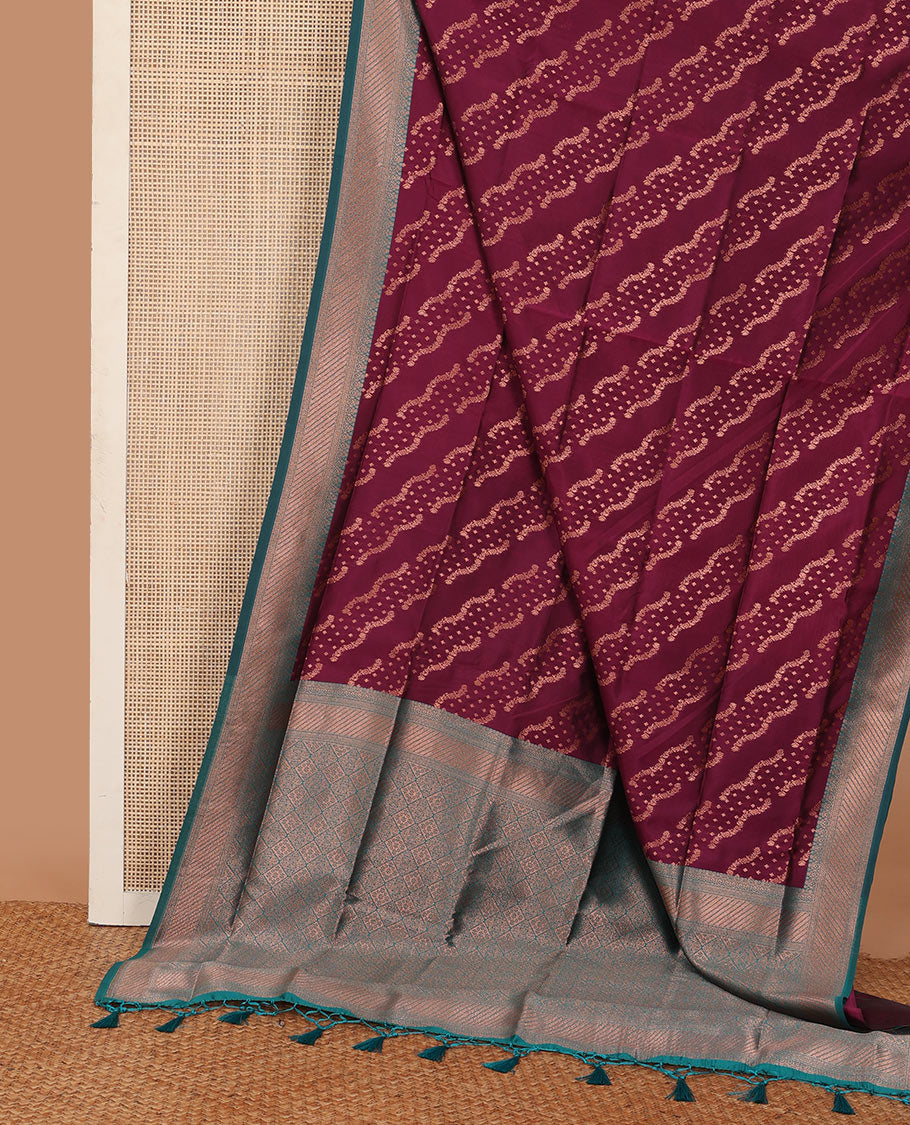 Maroon butter silk saree with floral zari designs, contrast traditional zari design & jaal pallu