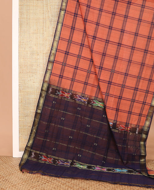 Peach checked Andhra cotton saree, contrast zari border, and pallu of checks and ikkat butterflies