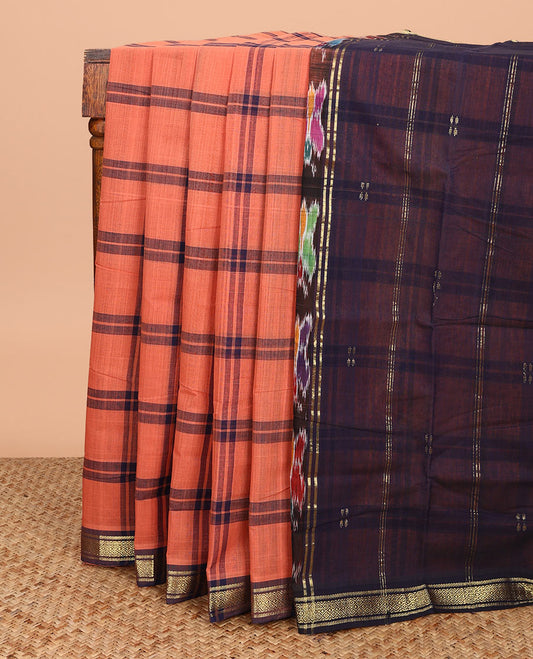 Peach checked Andhra cotton saree, contrast zari border, and pallu of checks and ikkat butterflies