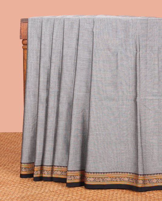 Grey Plain Narayanpet Cotton Saree, Complemented by a Contrast Traditional Thread Border of Peacock and Elephant Designs, Vibrantly Striped Pallu, and Paired with a Matching Blouse