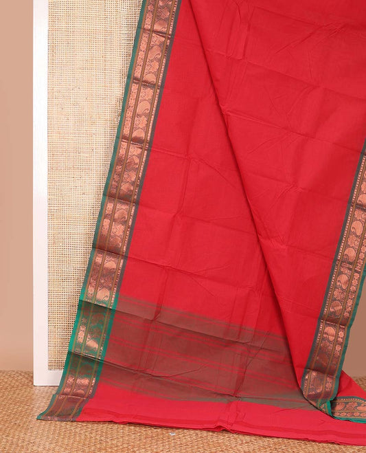 Red plain Chettinad cotton saree, contrast traditional zari border, and pallu of stripes