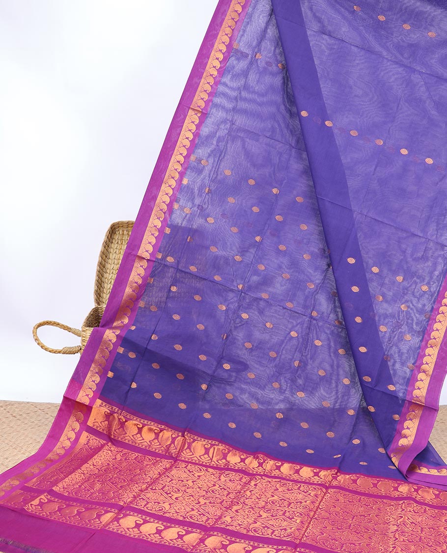 Blue buttas Vengatagiri cotton saree, contrast paisley border & intricate pallu