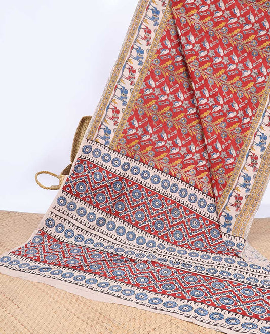 Red uniquely machine-printed kalamkari cotton saree, contrast Pichwai cow border & intricate pallu
