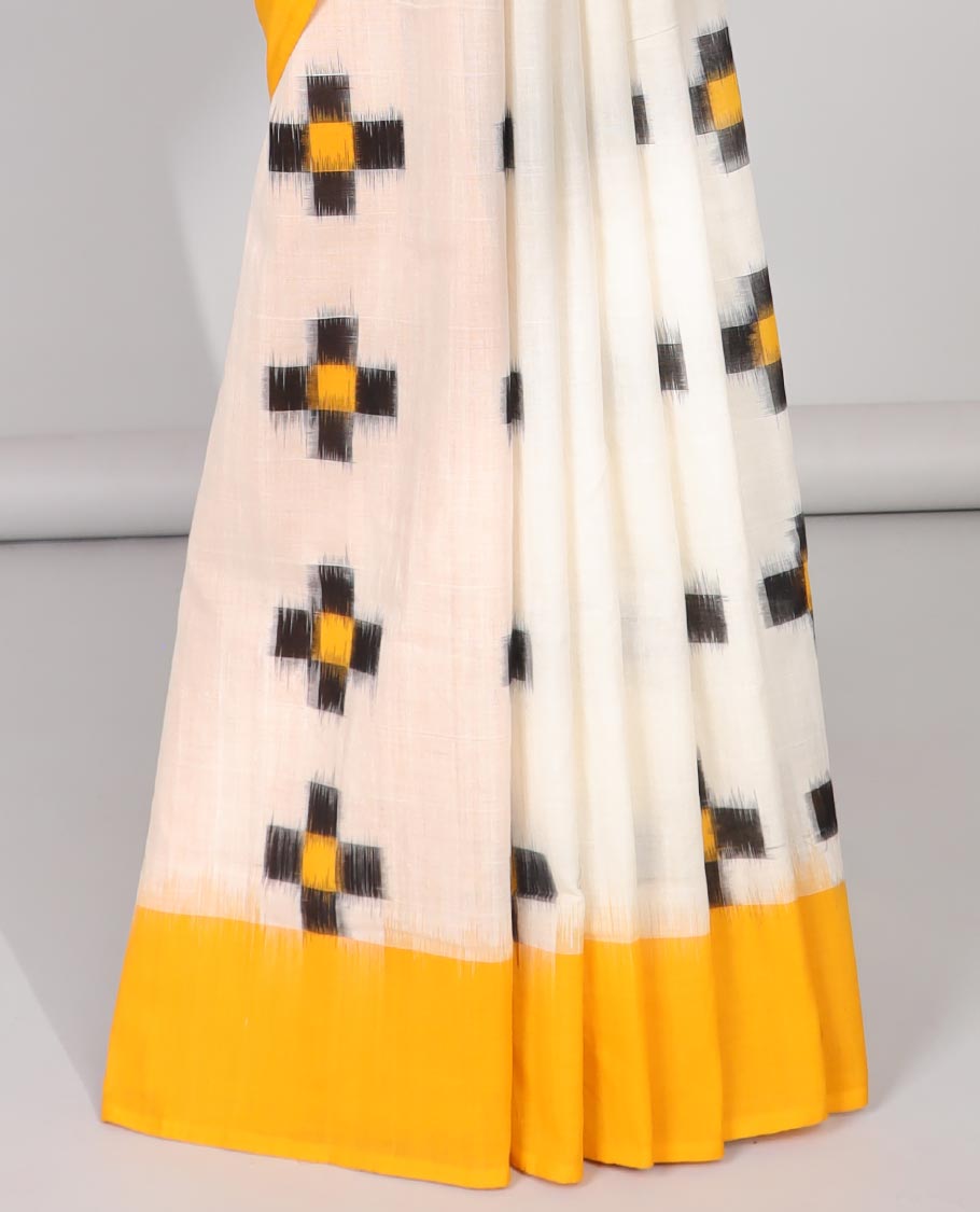 Cream Geomentric buttas ikkat cotton saree ,contrast plain border &striped pallu