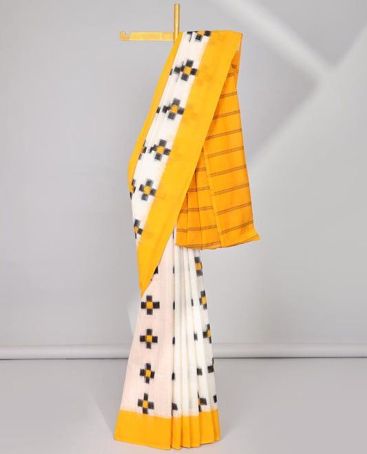 Cream Geomentric buttas ikkat cotton saree ,contrast plain border &striped pallu