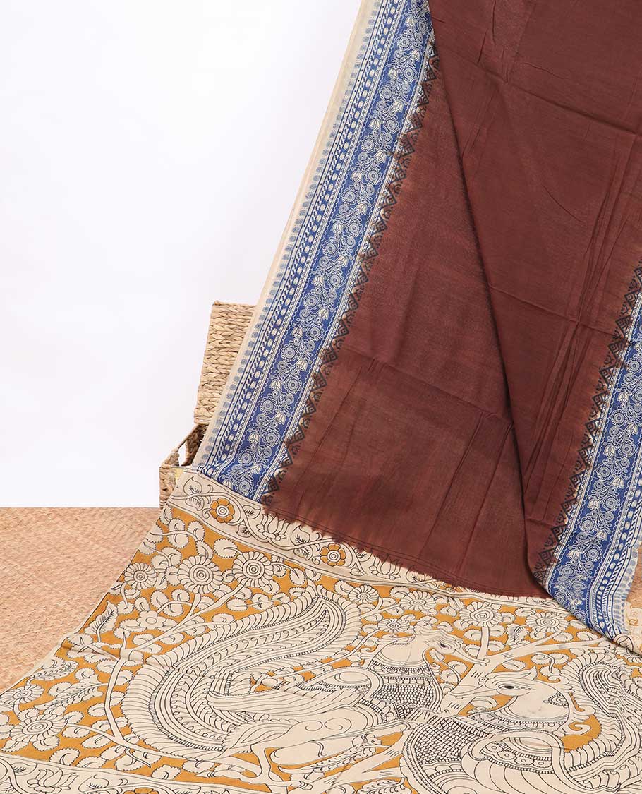 Brown machine-printed kalamkari cotton saree with contrast intricate design border & floral, peacock design pallu