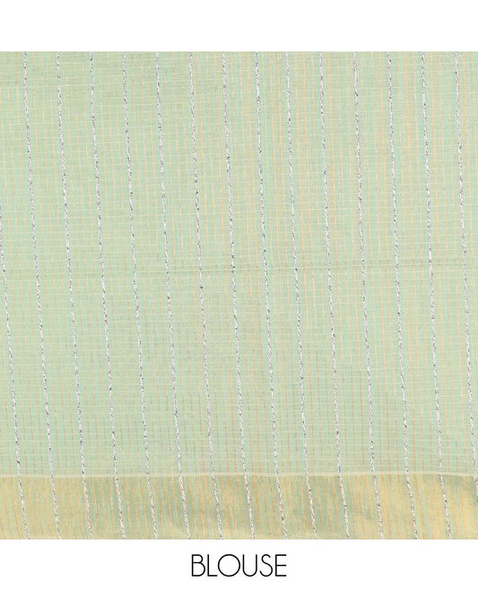 Green sparsely striped jute cotton saree, zari bavanji border, and striped pallu