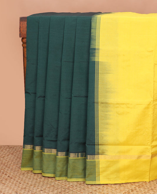 Green plain poly cotton saree, contrast zari striped border, and pallu of stripes