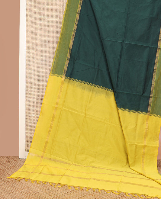 Green plain poly cotton saree, contrast zari striped border, and pallu of stripes