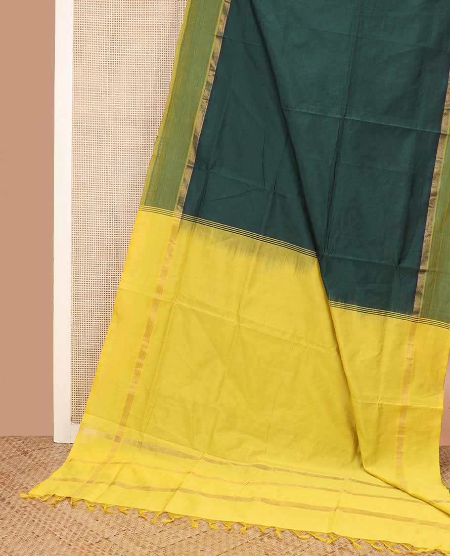 Green plain poly cotton saree, contrast zari striped border, and pallu of stripes