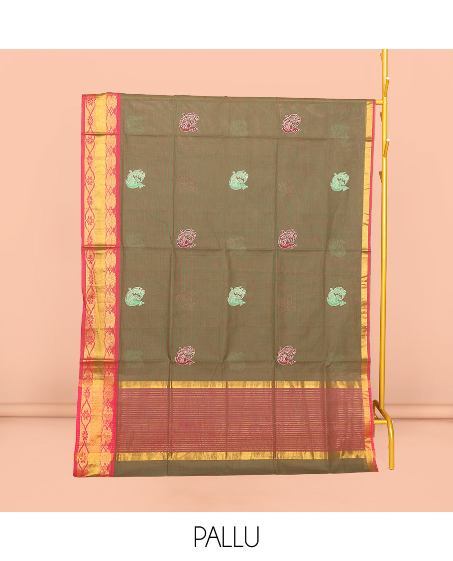 Green Venkatagiri Cotton Saree, Ornamented with Peacock Buttas and Checks, a Contrast Traditional Zari Border, Pallu of Stripes, and No Blouse