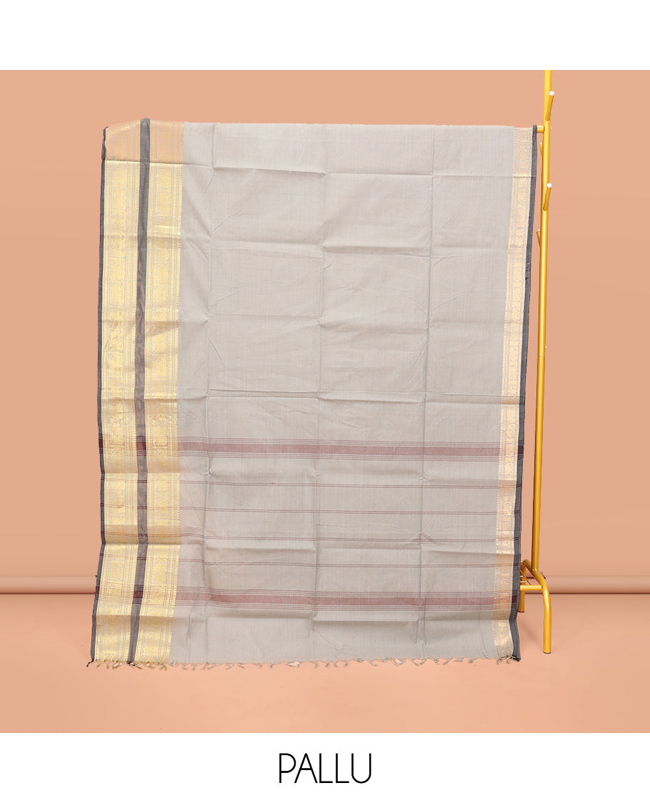 Light Grey Plain Chettinad Cotton Saree, Complemented by a Contrast Traditional Design Border, Pallu of Stripes, and Paired with a Matching Blouse