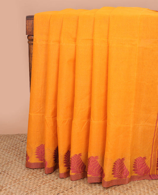 Orange bengal cotton saree with self border of leaf design & striped pallu
