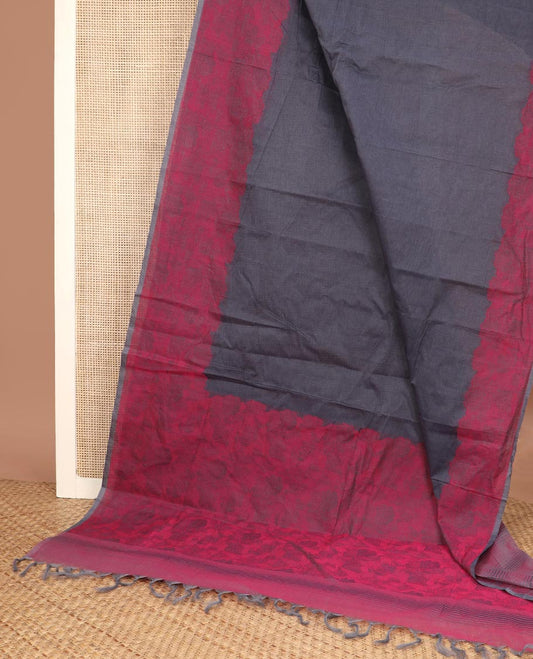 Grey plain Coimbatore cotton saree, contrast scallop border & pallu of floral designs