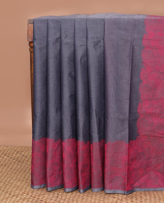 Grey plain Coimbatore cotton saree, contrast scallop border & pallu of floral designs