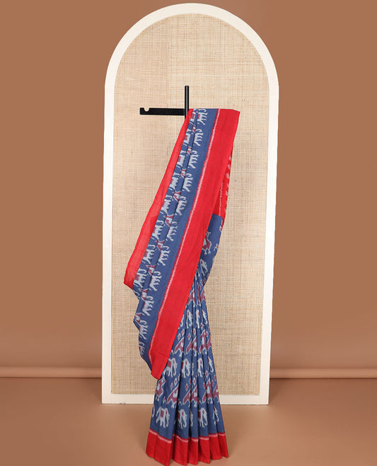Blue animal motifs ikkat cotton saree, contrast plain border & striped pallu