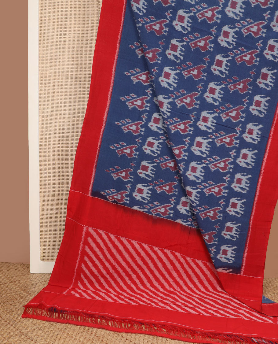 Blue animal motifs ikkat cotton saree, contrast plain border & striped pallu
