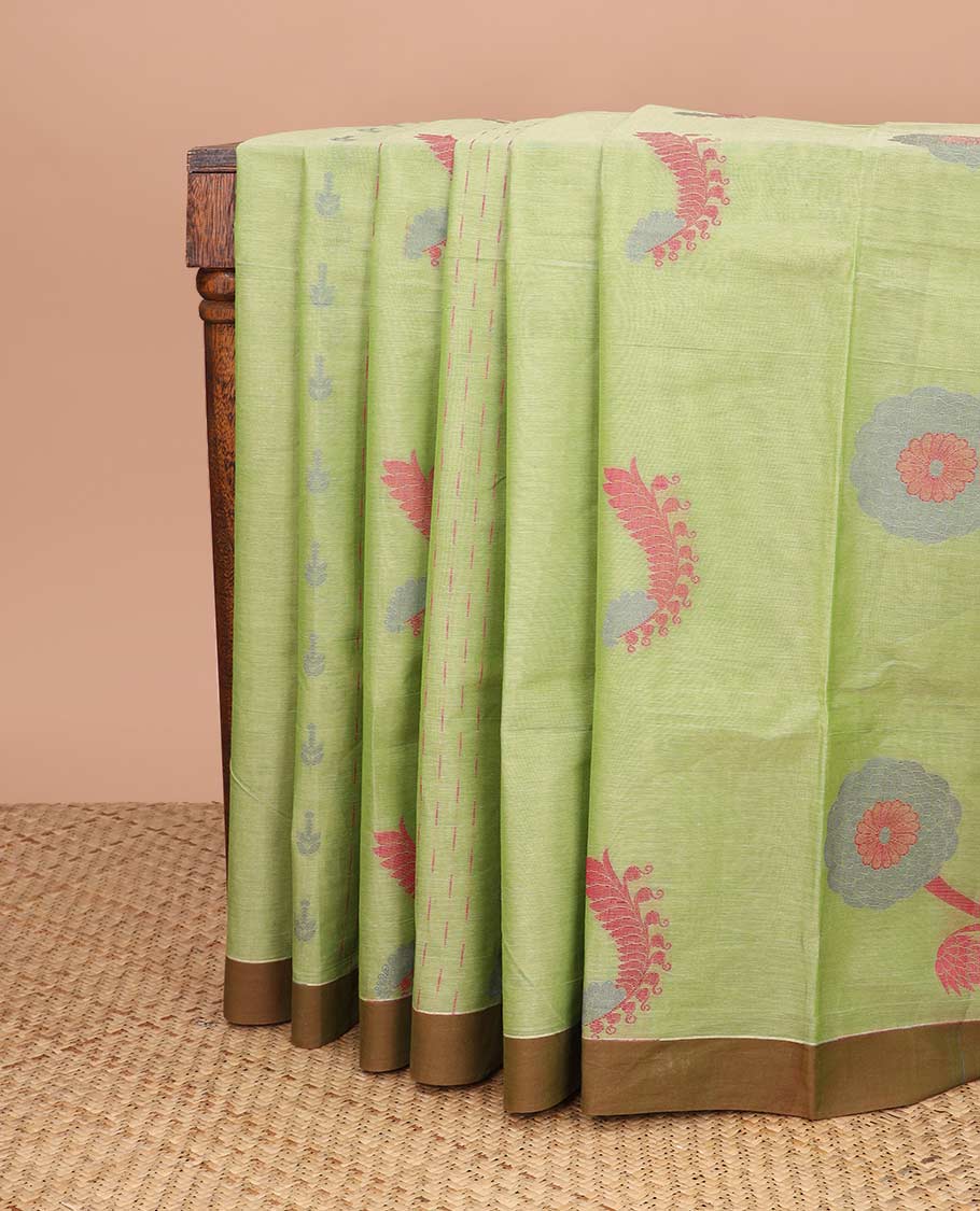 Light green motifs coimbatore cotton saree with contrast border & floral design pallu
