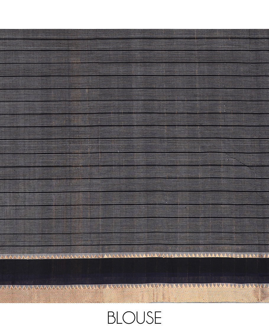Grey checked venkatagiri cotton saree with contrast striped, temple border & checked pallu