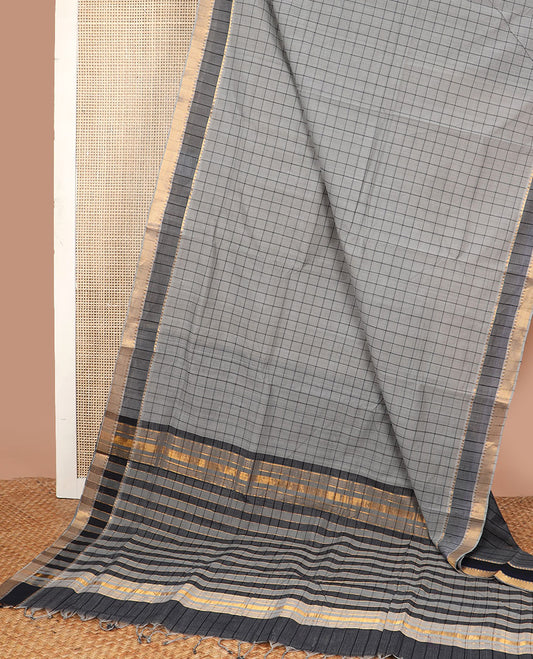 Grey checked venkatagiri cotton saree with contrast striped, temple border & checked pallu