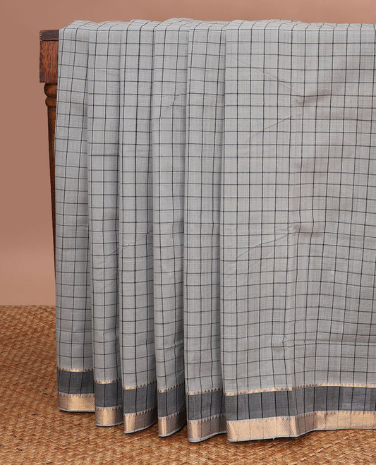 Grey checked venkatagiri cotton saree with contrast striped, temple border & checked pallu