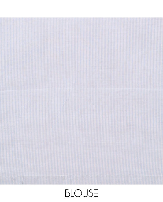 Half-white & powder blue striped jute cotton saree, zari border & striped pallu