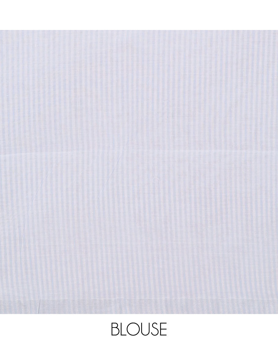 Half-white & powder blue striped jute cotton saree, zari border & striped pallu